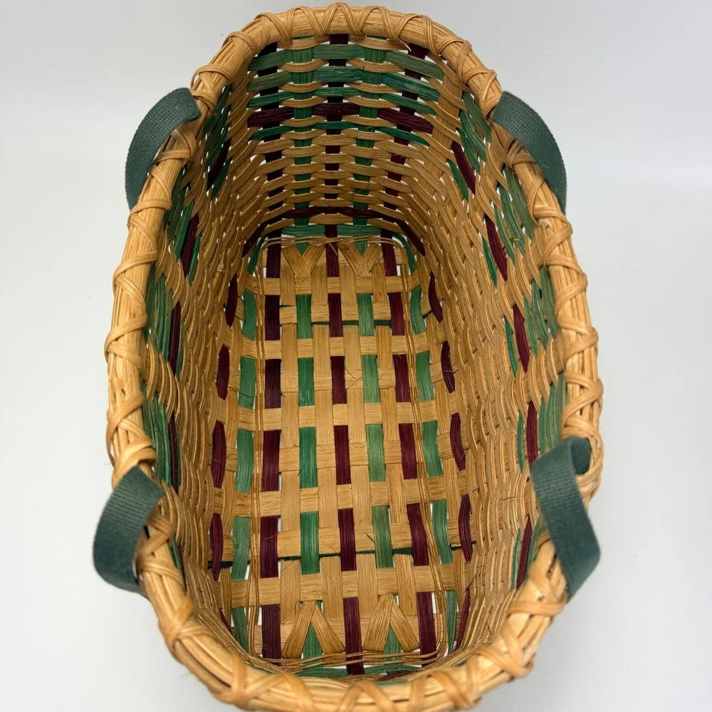 Vintage Woven Wicker Basket with Cloth Handles Tan Green Burgundy
